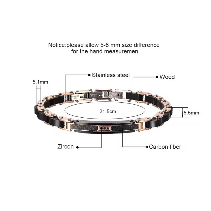18K Rose Gold Wood Bead Charms Bracelets Wirh Carbon Fiber And Zircon