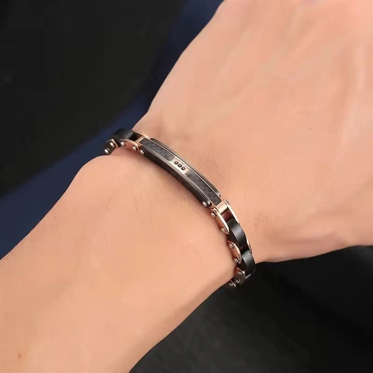 18K Rose Gold Wood Bead Charms Bracelets Wirh Carbon Fiber And Zircon