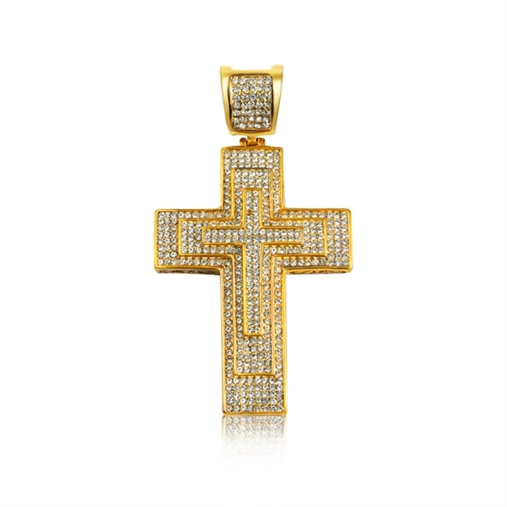 Double-Frame Iced Out Zircon Cross Pendant Necklace